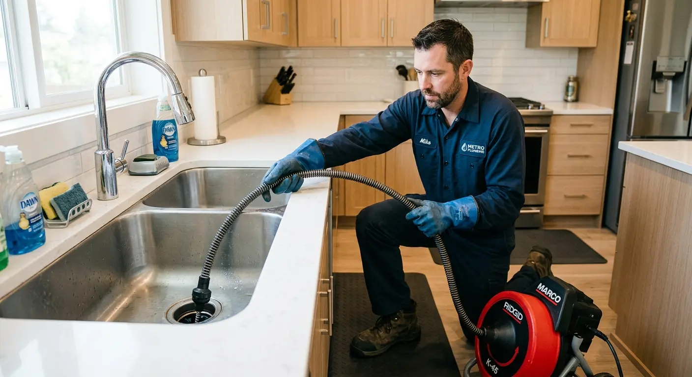 Drain cleaning technician using a motorized snake on a kitchen sink in Long Branch