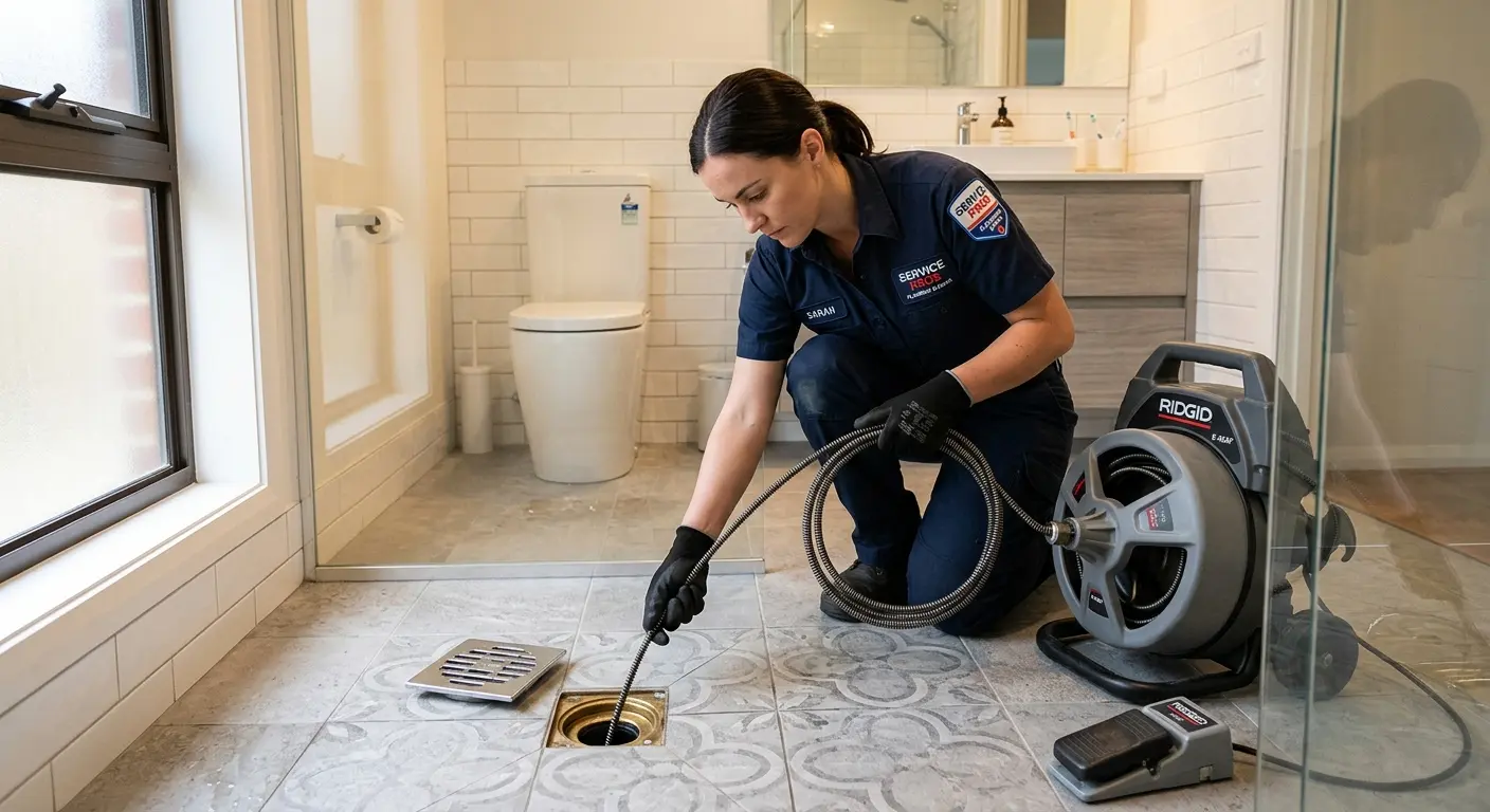 Technician clearing a bathroom floor drain for Drain Cleaning in Long Branch